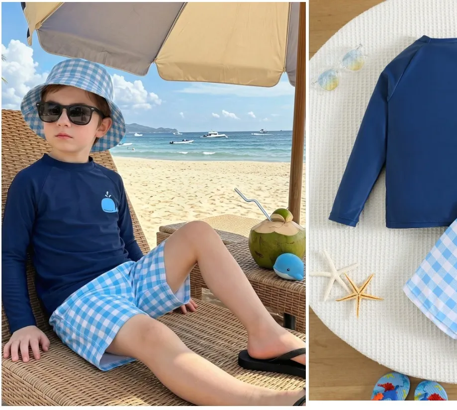 Traje de baño dos piezas niños, azul con short celeste a cuadros