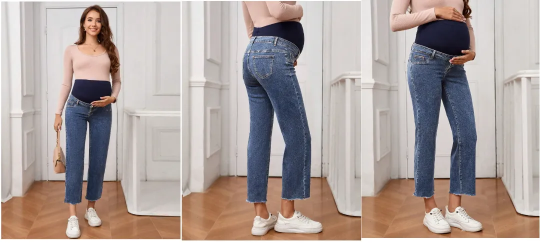 Jeans corte recto de maternidad, color azul lavado medio