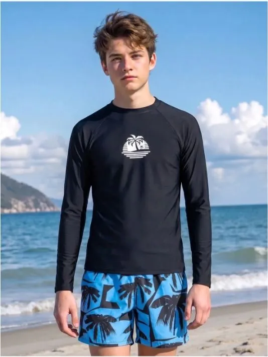 Traje de baño dos piezas para adolescentes, negro con short azul y detalle de palmeras