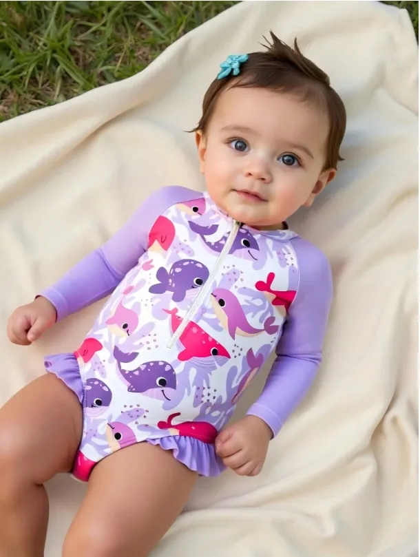 Traje entero para bebé lila con estampado de ballenas