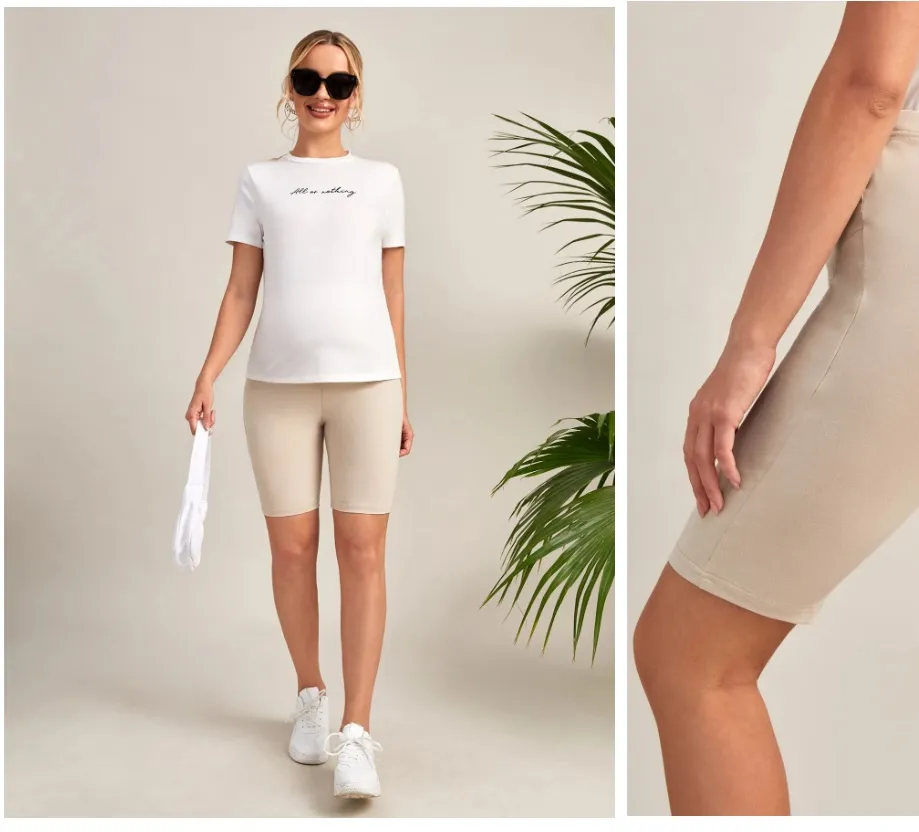 Short biker beige con ajustable en cintura de maternidad