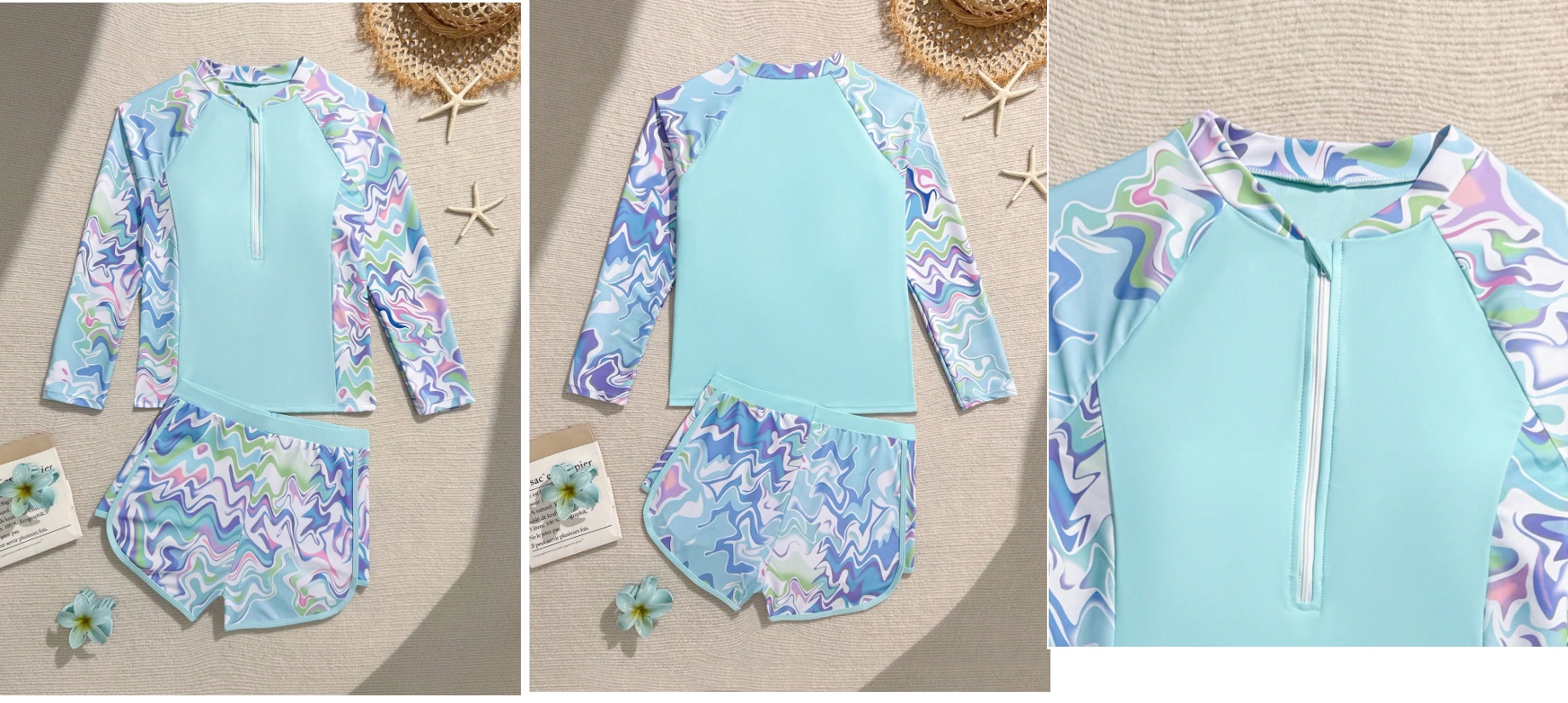 Traje de baño para adolescentes color celeste con decoraciones de colores en el estampado