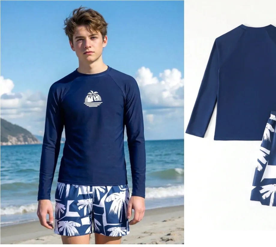 Traje de baño dos piezas para adolescentes, azul con short azul y detalle de palmeras
