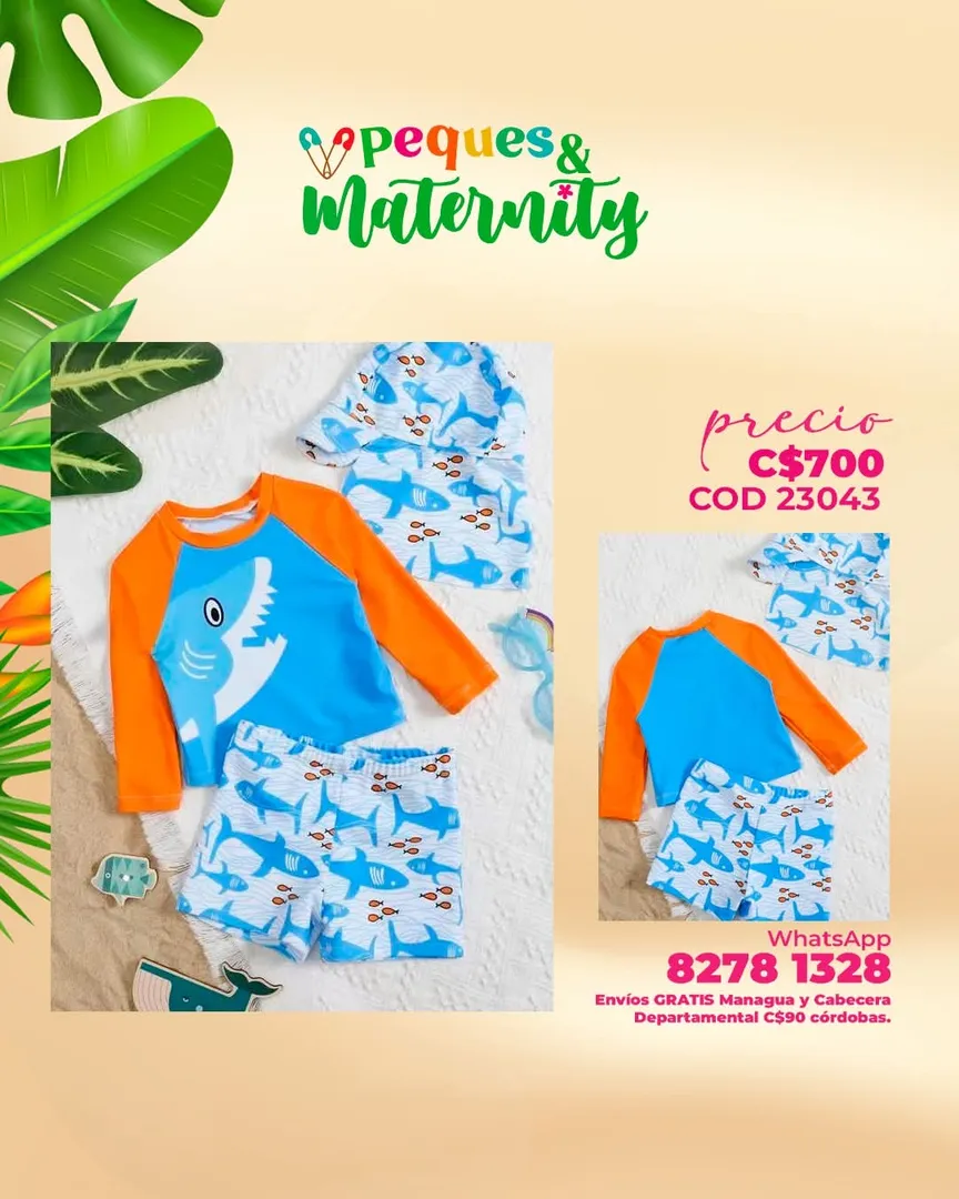 Bañador con tiburón y gorro de natación