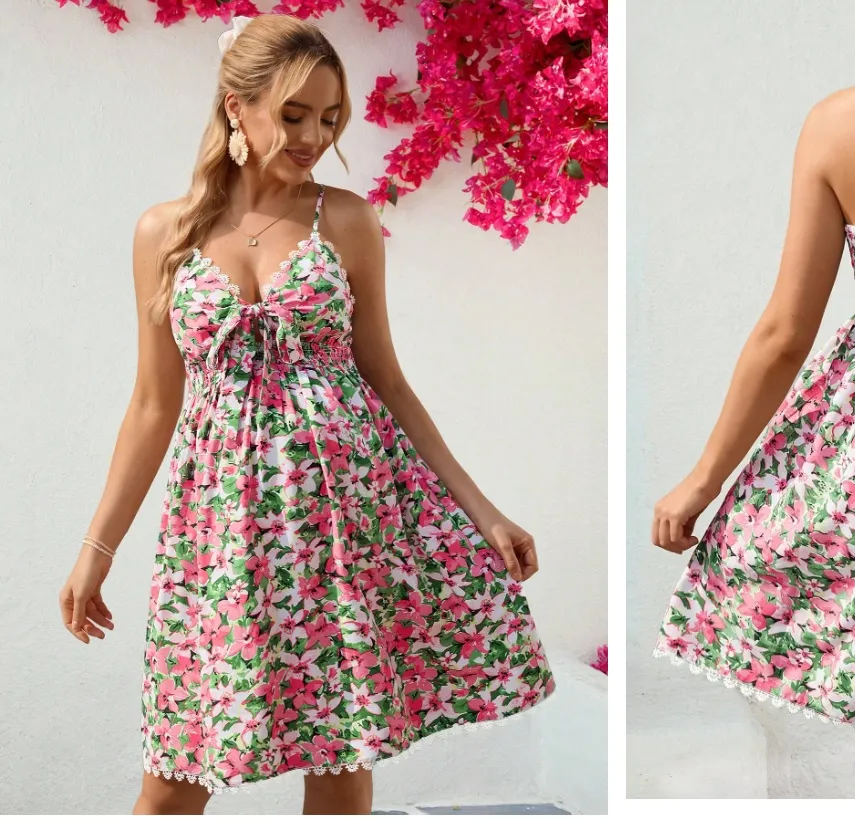 Vestido casual de tirantes con estampado floral rosa y lazo al frente