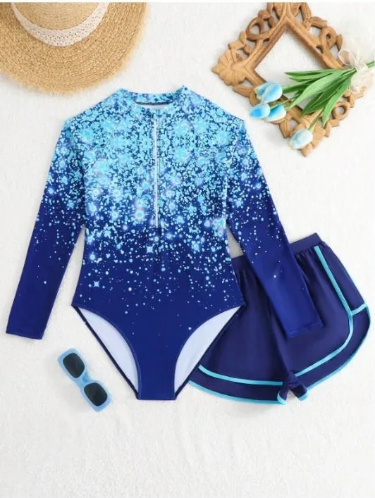 Traje de baño entero con short, azul con celeste