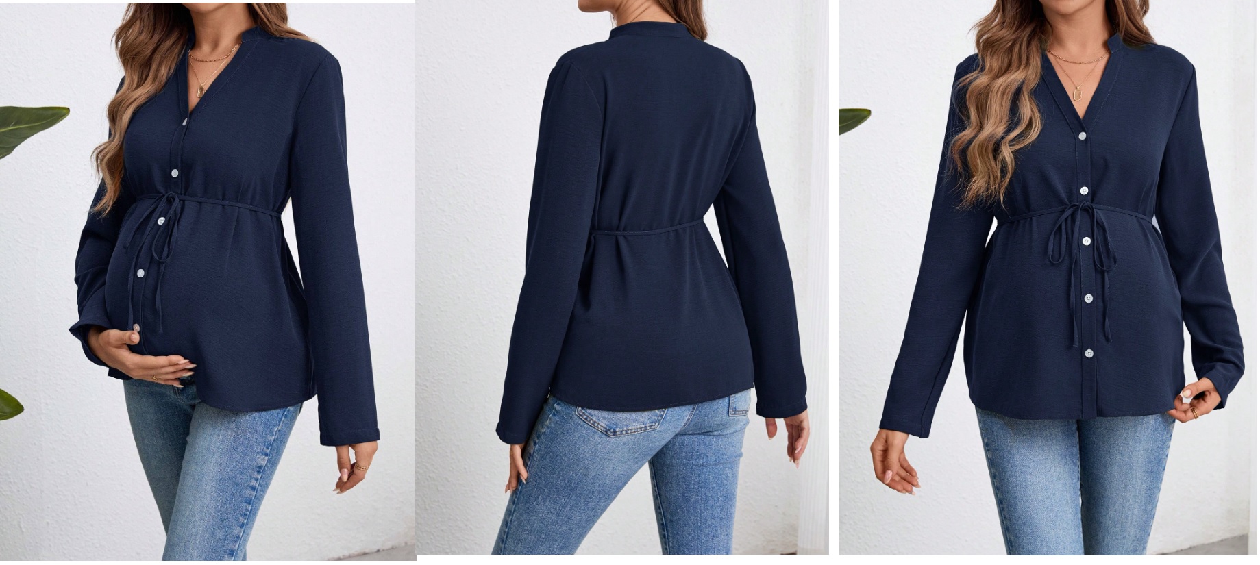 Blusa dematernidad manga larga con botones y cordon en la cintura, color azul oscuro