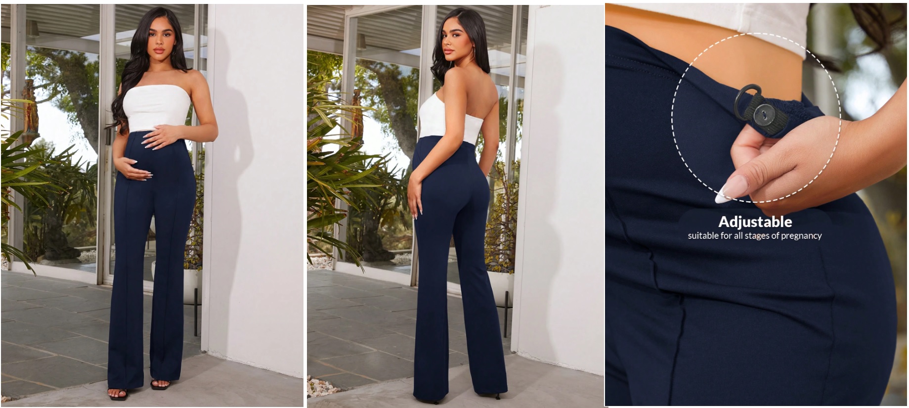 Pantalon de vestir acampanado, con cinta ajustable en el vientre, color azul marino