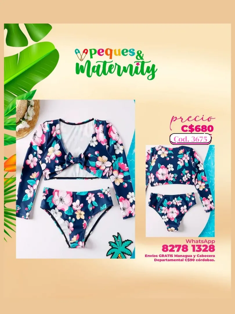 Traje de baño 2 piezas azul con flores Cod 3675