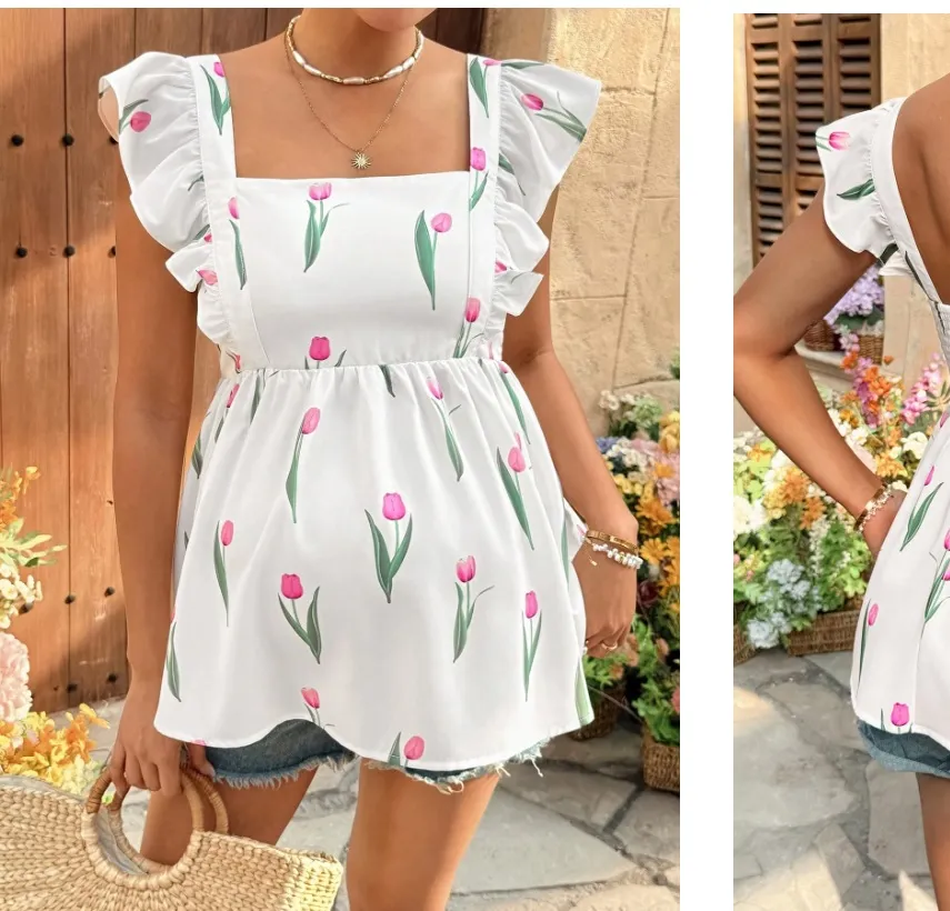 Blusa blanca con tulipanes casual sin mangas