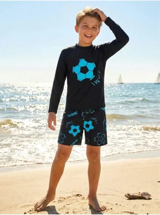 Traje de baño dos piezas para niños grandes, negro con detalle de pelota celestes que brillan n la oscuridad