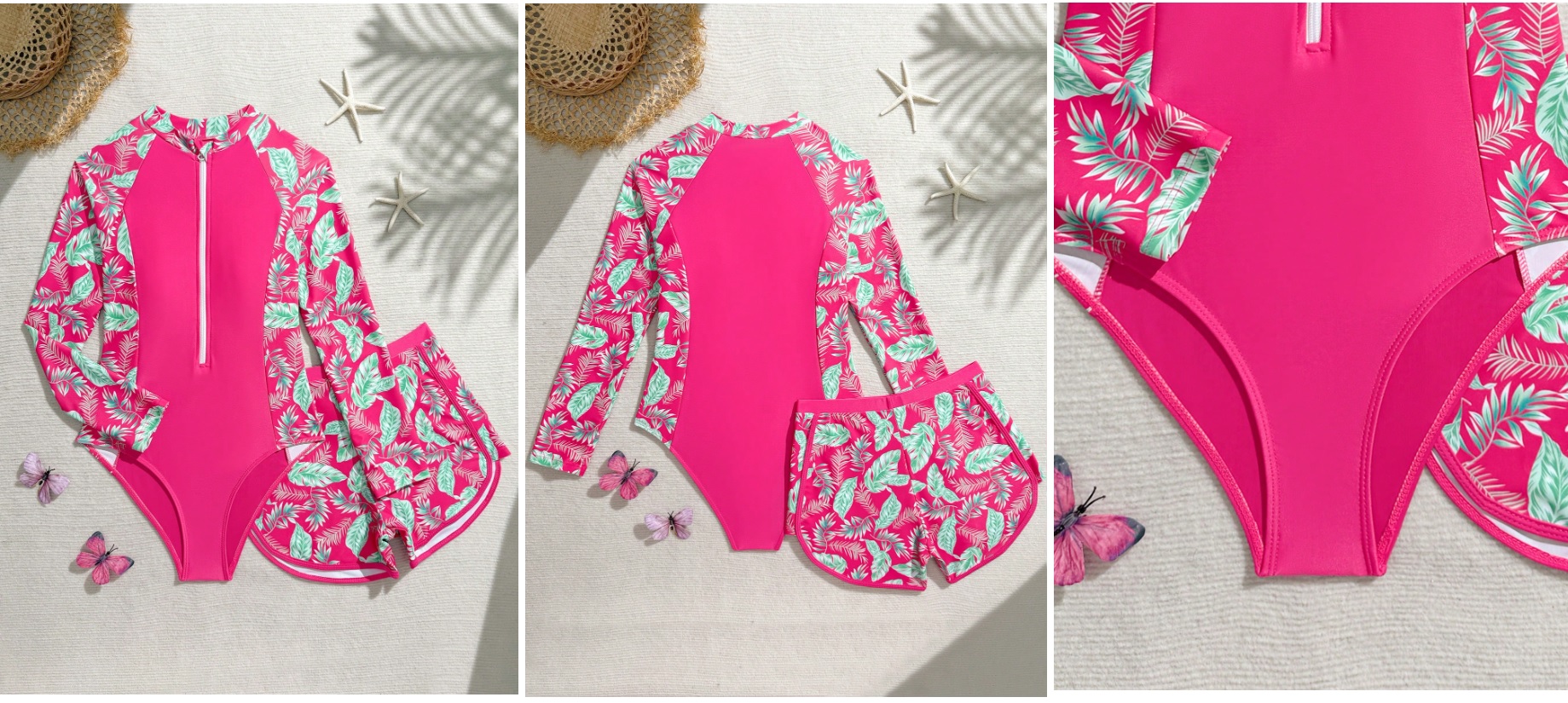 Traje de baño fucsia con estampado de hojas verdes a los cosstados