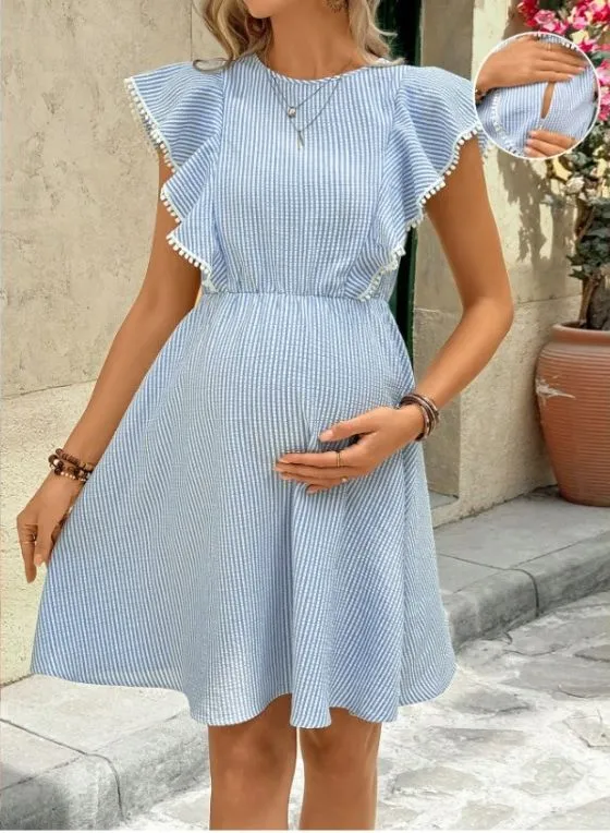 Vestido casual con manga voladita azul para lactancia