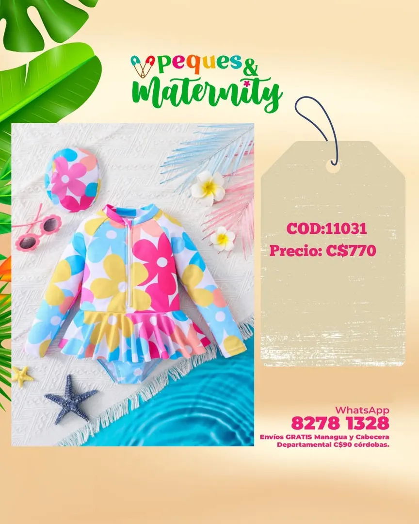 Traje de baño con camiseta rashguard con estampado floral y sombrero para niña joven