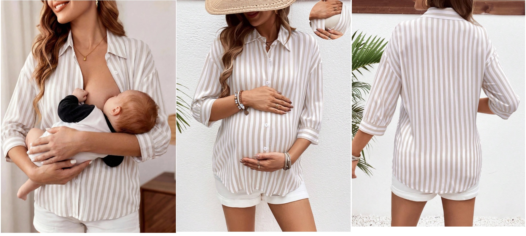 Camisa casual de maternidad fresca de botones, color blanco con rayas beige