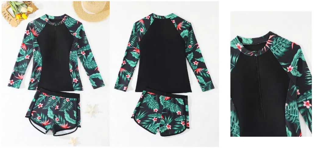Traje de baño dos piezas, negro con decoracion de hojas verdes en el costado