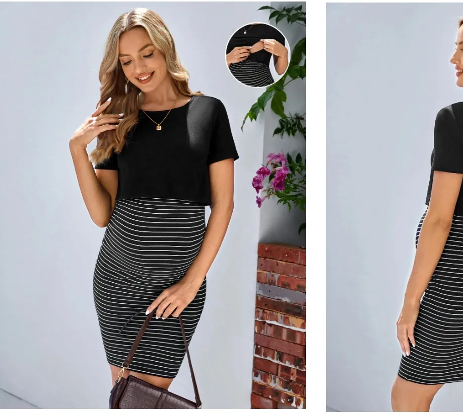 Vestido Casual negro a rayas para lactancia