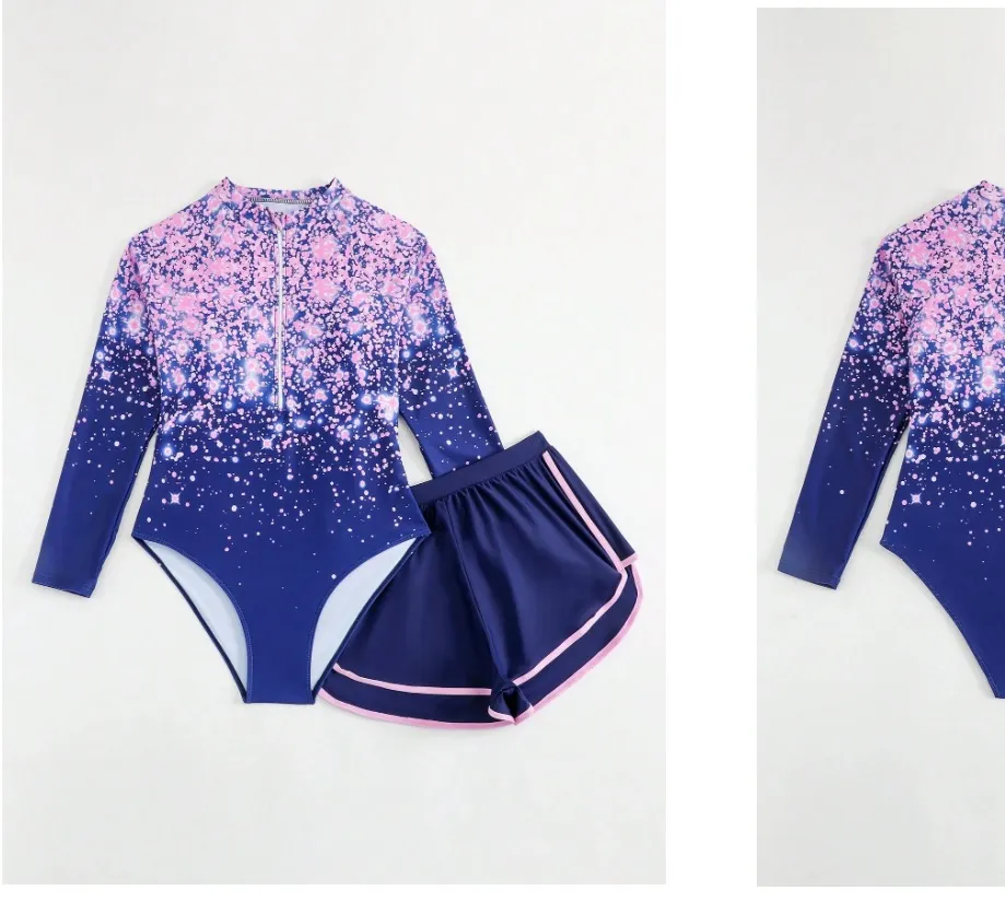 Traje de baño entero con short adolescente, azul con rosa