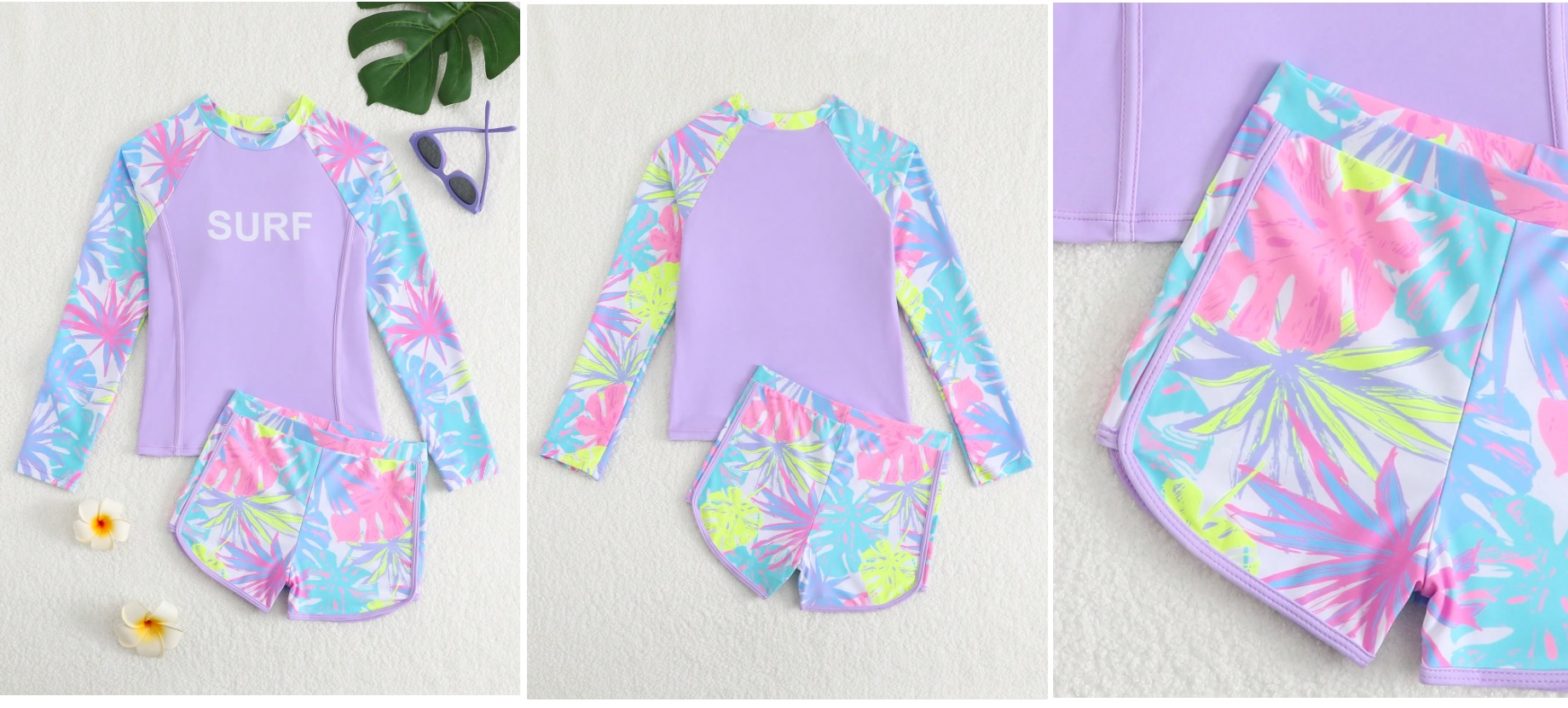 Traje de baño dos piezas, short y camisa manga larga, color lila con estampado de palmeras de colores