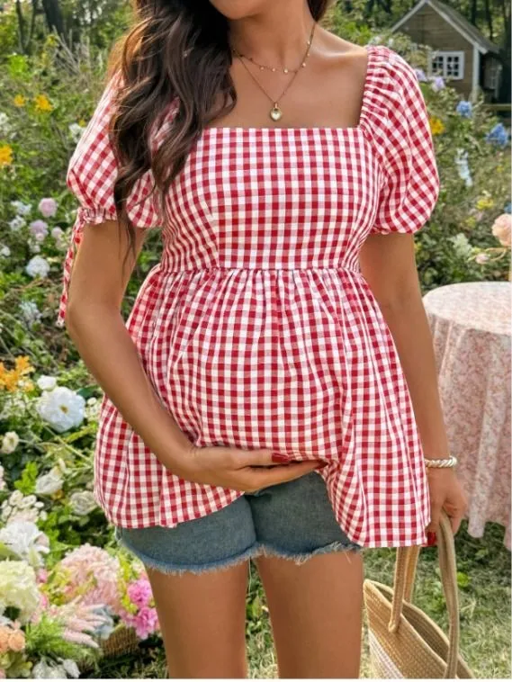 Camisa a cuadros rojo con manga petalo casual