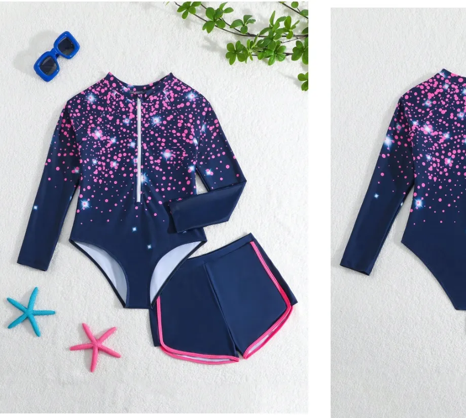Traje de baño entero con short niñas, azul con rosa