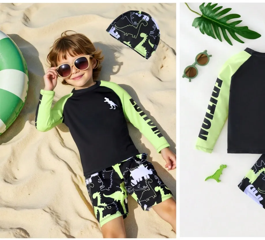 Traje de baño dos piezas para niños, negro con verde y estamapado de dinosaurios