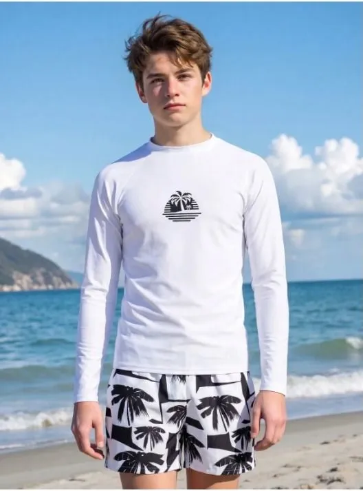Traje de baño dos piezas para adolescentes, Blanco con detalle de palmeras negras