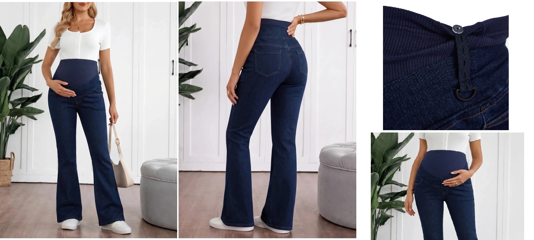 Jeans de maternidad acampanados, con cintura ajustable, color azul oscuro