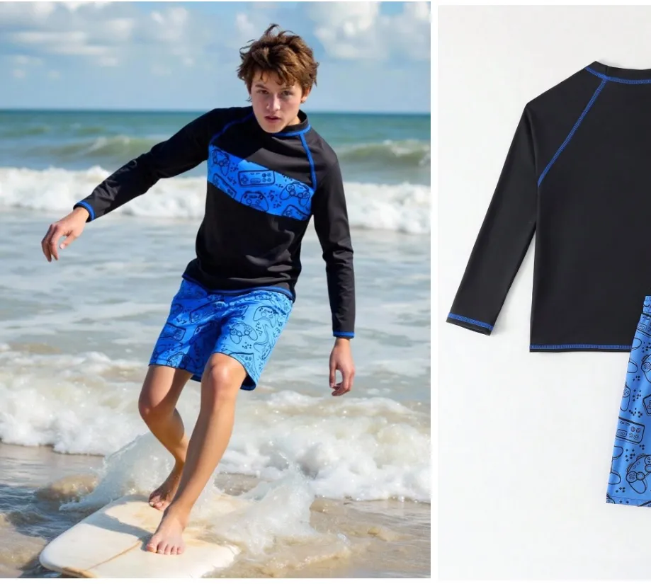 Traje de baño dos piezas para niños. Negro con azul oscuro y estampado de videojuegos