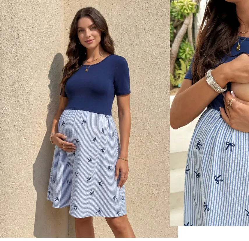Vestido Casual con estampado de listones azul para lactancia