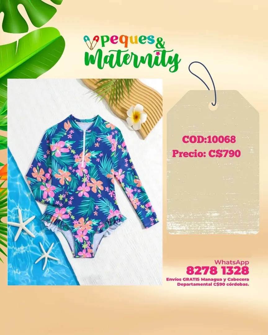 Traje de baño de una pieza con lindo estampado de plantas tropicales para niña joven