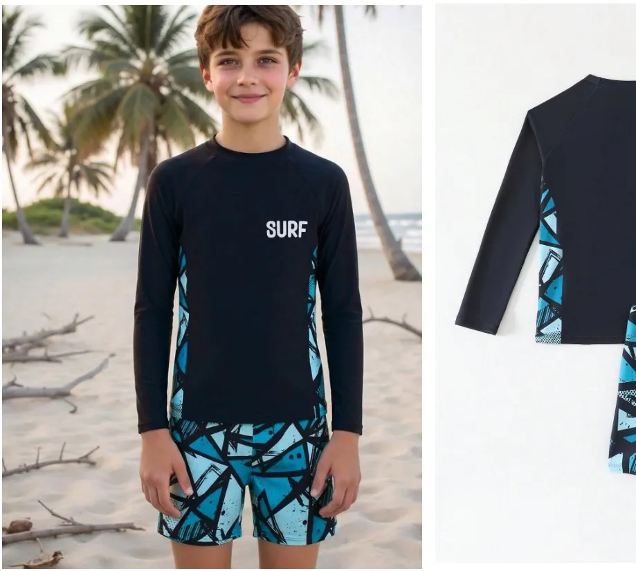 Traje de baño dos piezas para niños, negro con celeste y estampado de figuras a los costados