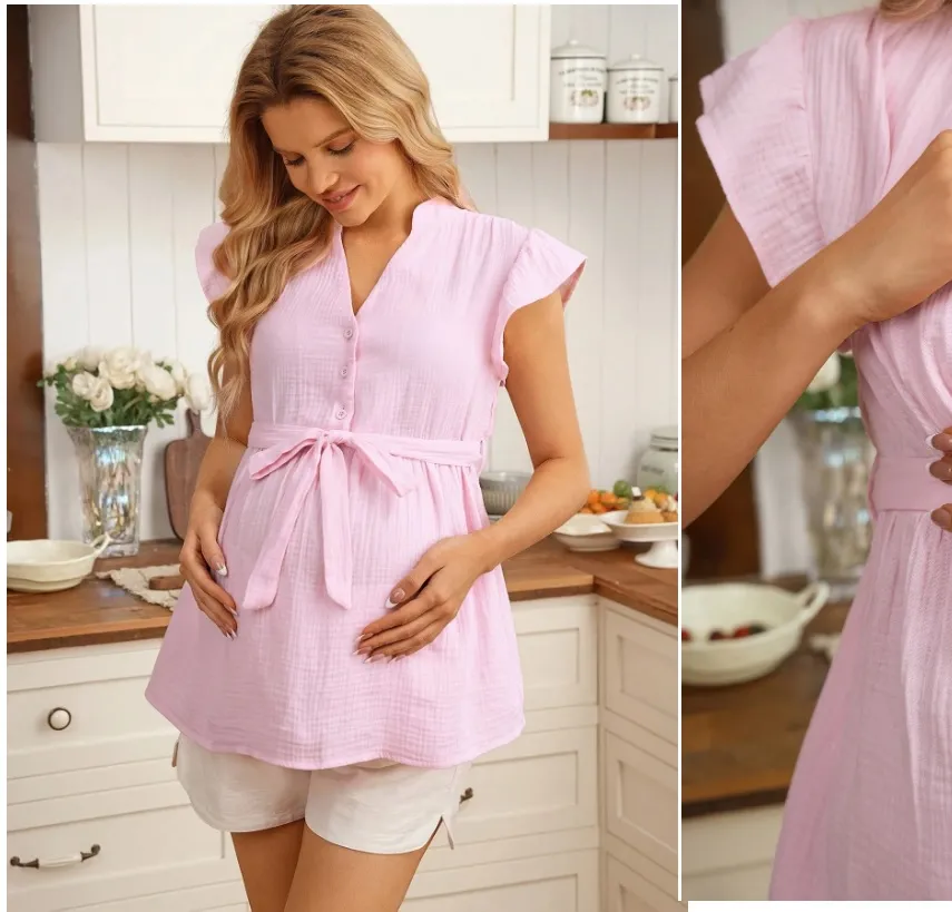 Blusa rosa de algodón para lactancia con cierre delantero