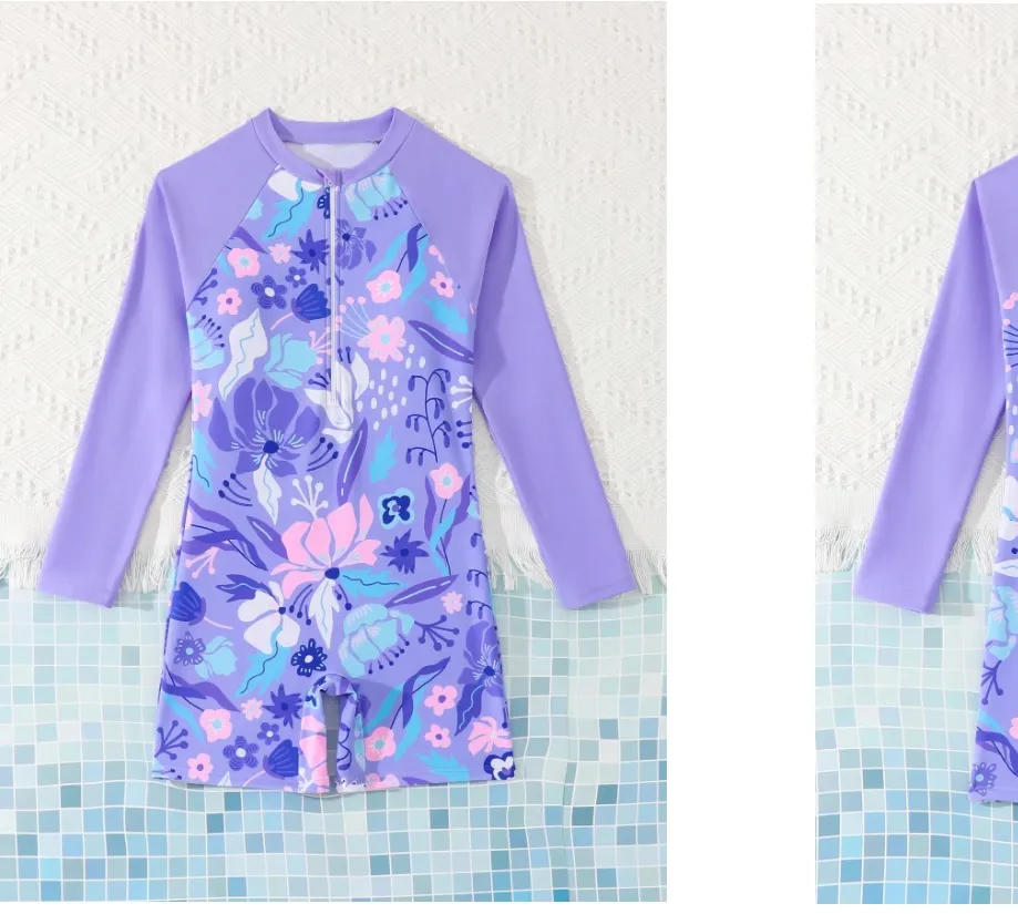 Traje de baño enterizo para niñas, lila con estampado marino